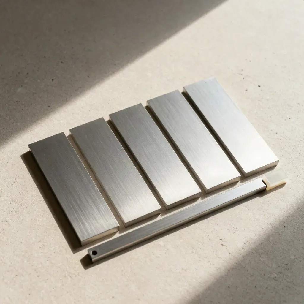 Overhead aluminium comparison grid with six chips and two rails on pale concrete.