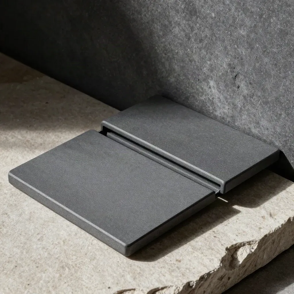 Graphite shortlist board, ceramic dividers and slate strip on rough stone, top-down macro.