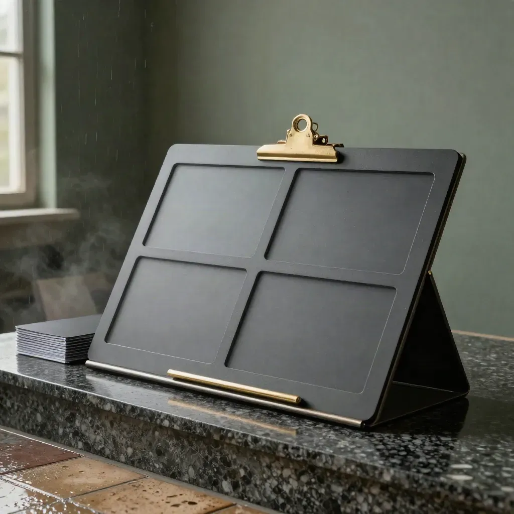 Graphite shortlist board with translucent panes, brass clip and cards on misty travertine.