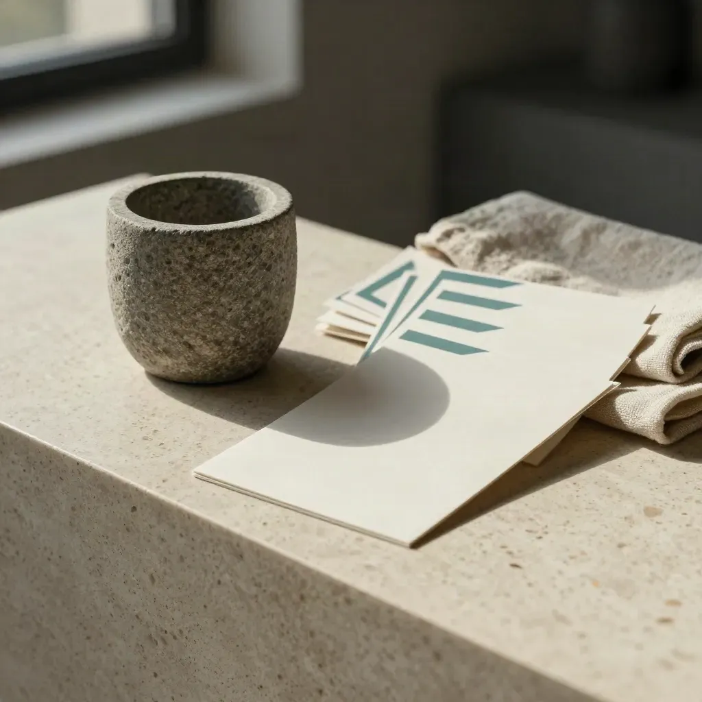 Six comparison cards beside a stone cup and linen cloth on a travertine ledge.