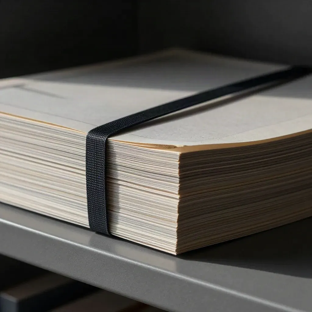Macro of a scorecard pack bound with brushed metal and a dark elastic band on graphite.