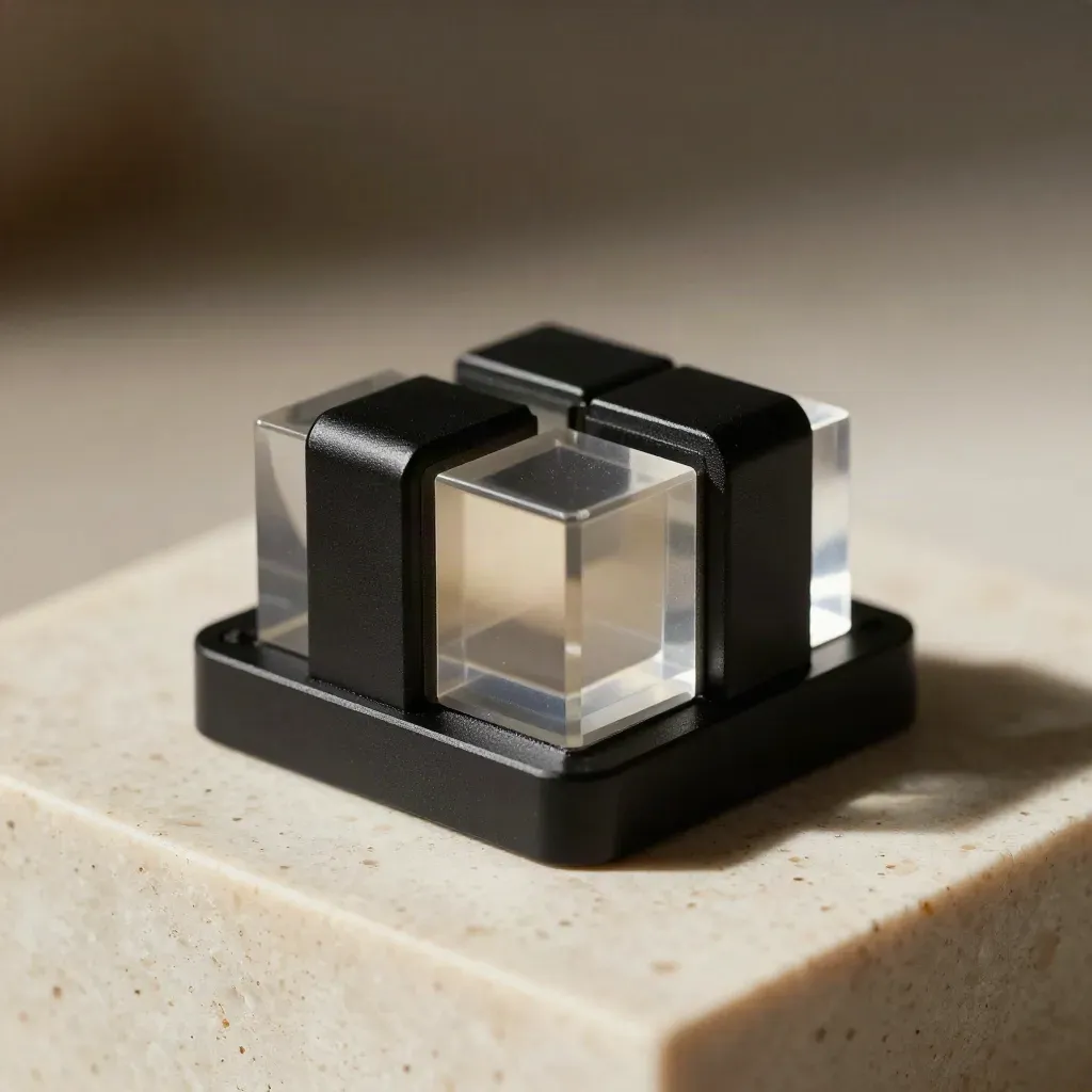 Clear acrylic embed module on a black base with two shells, lit as an extreme macro studio hero.