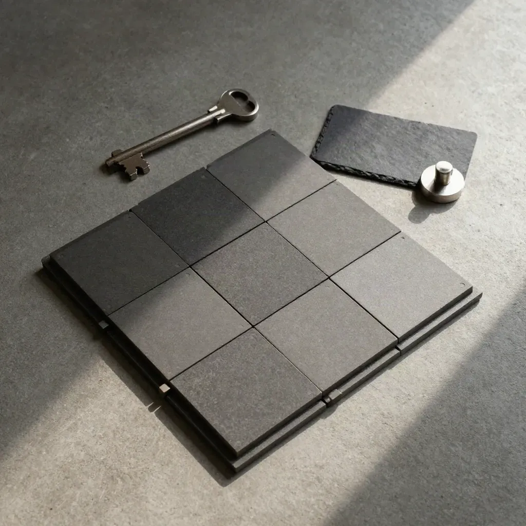 Overhead flatlay of modular blank tiles, corner magnets and a dark base plate on concrete.